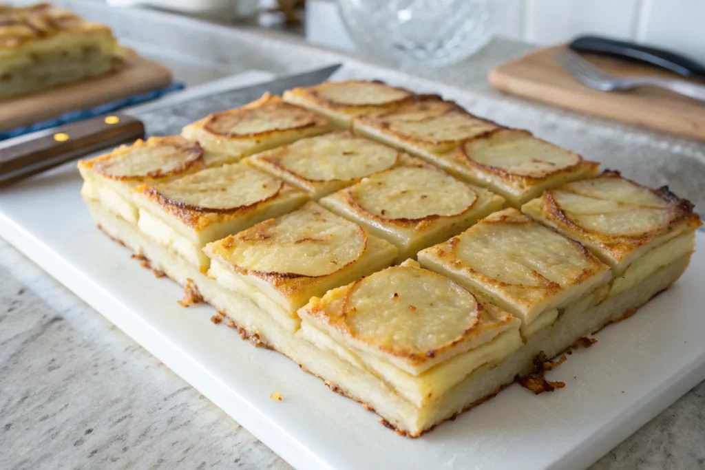 Neatly stacked squares of layered potatoes with a golden-brown top, arranged on a white cutting board. Each piece shows the distinct, thin potato layers within.