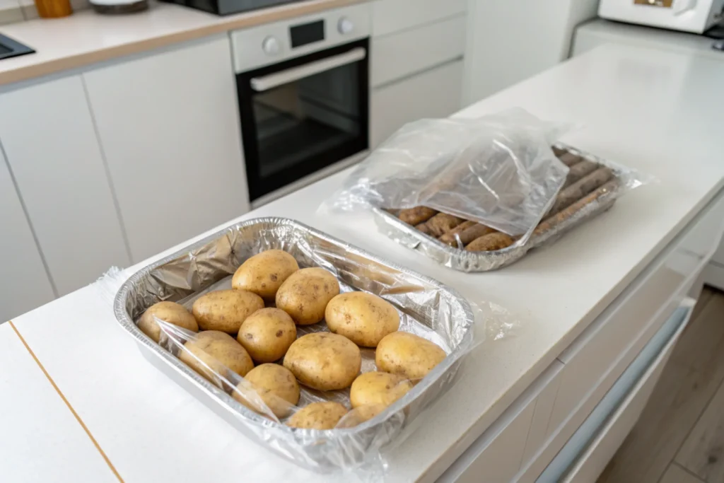 An overhead shot of potato pav being wrapped tightly with a plastic film for storage.