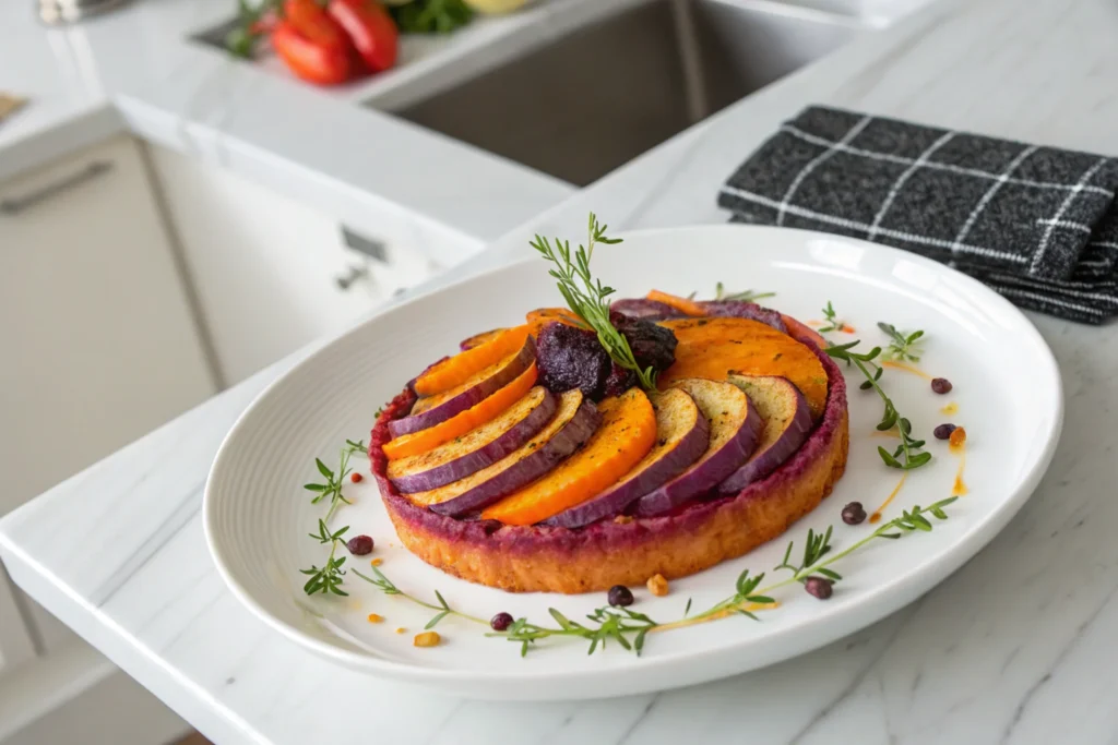 An overhead view of colorful sweet potato pav, featuring layers of sweet potato, caramel, and garnishing with herbs.