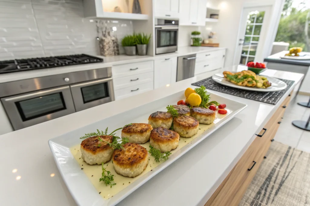 A plate of golden-brown mini potato cakes garnished with fresh herbs, served with lemon wedges and cherry tomatoes, placed in a bright, modern kitchen setting.