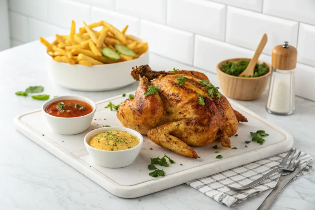 A golden-brown roasted chicken garnished with fresh herbs, presented on a white cutting board alongside two small bowls of sauce and a bowl of fries in the background.