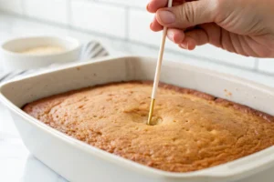 A toothpick being inserted into the center of a dump cake to test if it is done, against a white kitchen backdrop.