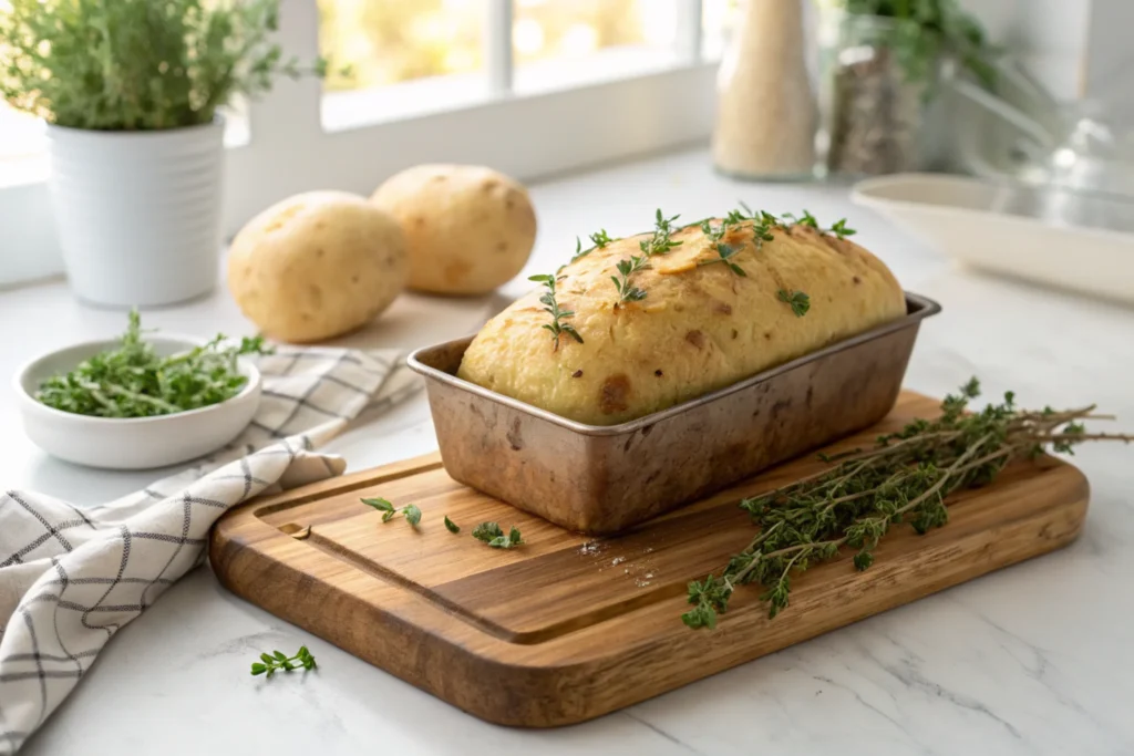 A freshly baked potato bread loaf topped with sprigs of thyme, resting in a metal loaf pan on a wooden cutting board. Whole potatoes and fresh herbs are placed in the background.