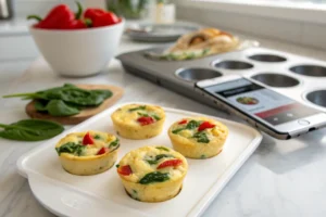 A top-down view of a cooling rack filled with freshly baked egg white bites. The bites are sprinkled with spinach and red pepper bits. A teal muffin tray and fresh spinach leaves are visible on a white kitchen counter.