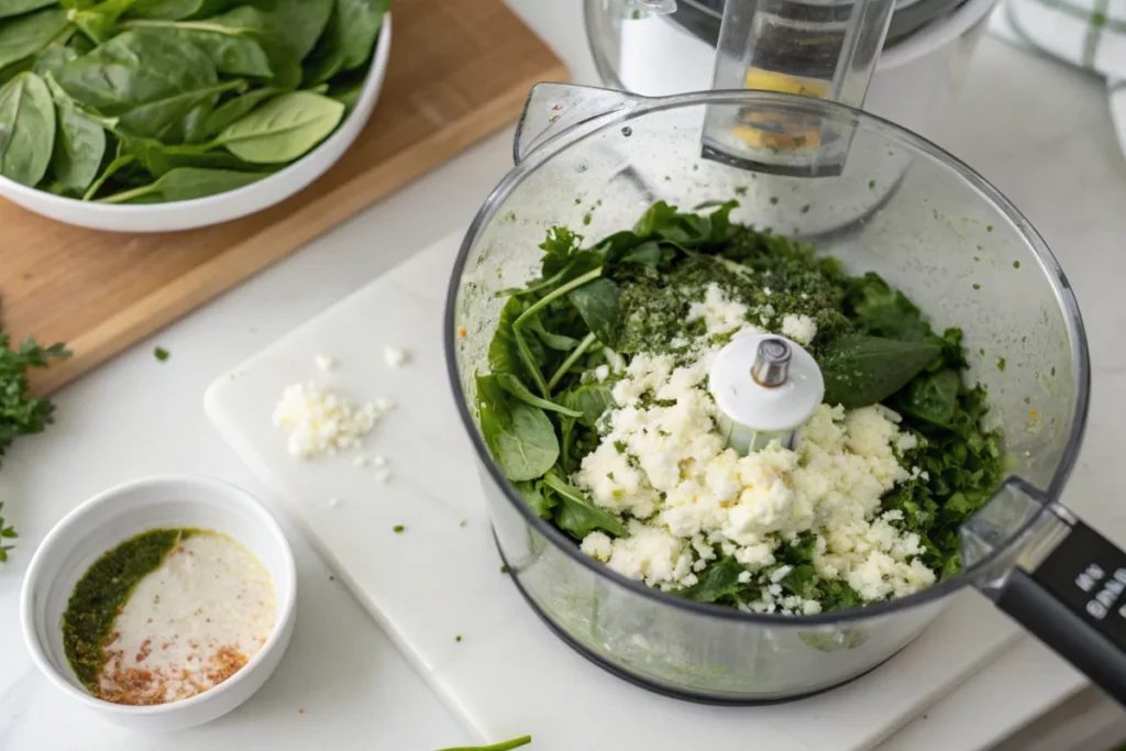 Cottage cheese blended with spinach and herbs for a sauce, photographed in a white kitchen from a phone angle.