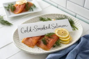 Plate of cold-smoked salmon garnished with dill and lemon wedges in a bright white kitchen.