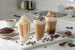 A display of three cold cappuccinos in tall glasses, each topped with whipped cream and drizzled with caramel, chocolate, or coffee syrup. Coffee beans and chocolate pieces are scattered on a white countertop with a soft kitchen background.