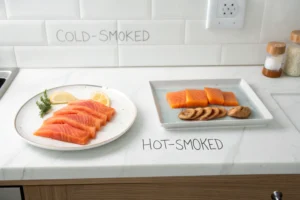 Side-by-side plates of cold-smoked and hot-smoked salmon in a white kitchen.