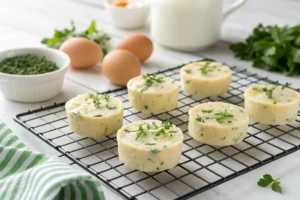 Cooling egg white bites garnished with fresh herbs on a wire rack, set against a white kitchen counter.