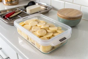 Frozen potato pav slices stored neatly in an airtight container.