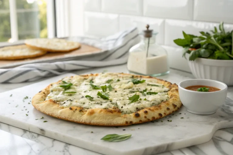 Crispy cottage cheese flatbread with herbs and dipping sauce on a marble surface in a white kitchen.