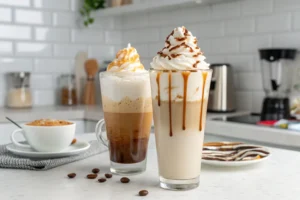 A side-by-side display of two tall coffee glasses topped with whipped cream and caramel drizzle. One coffee has a creamy beige layer, while the other features a frothy cappuccino-style top. Perfectly set against a bright, modern kitchen countertop, with coffee beans and a small bowl of caramel in the background.