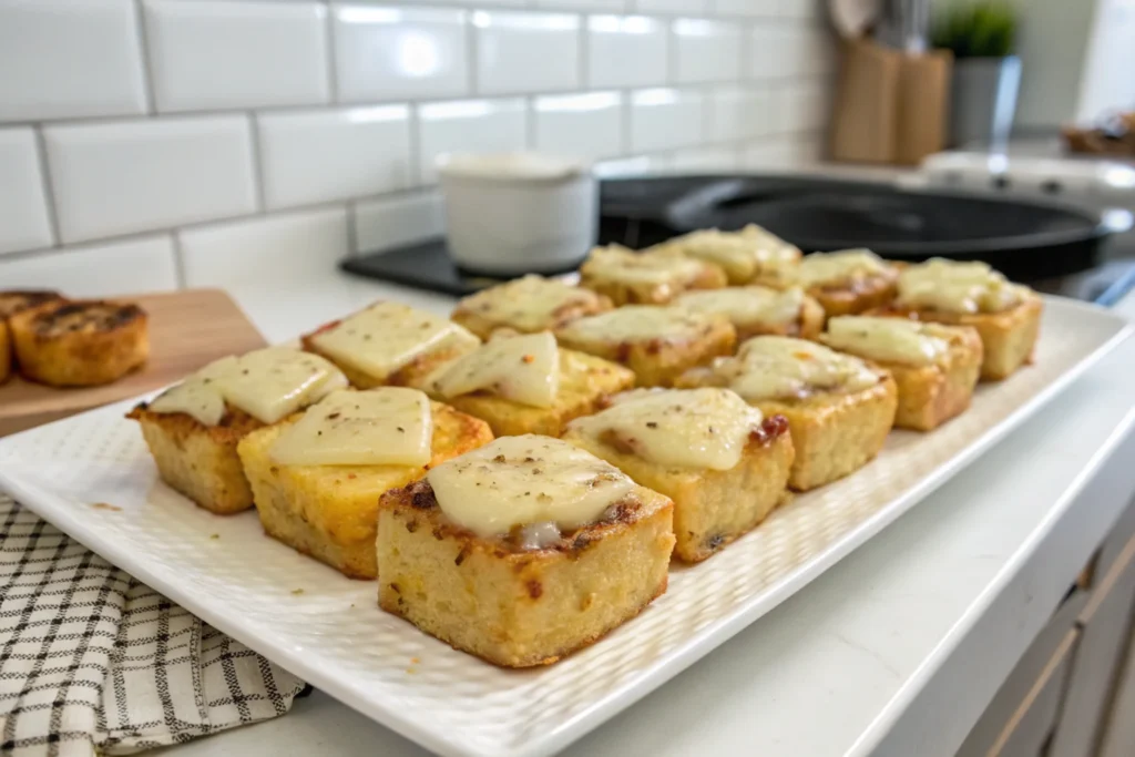 Small, baked squares of potato topped with melting cheese, arranged on a rectangular serving platter in a kitchen setting.