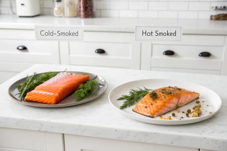 Side-by-side comparison of cold-smoked and hot-smoked salmon in a clean white kitchen.