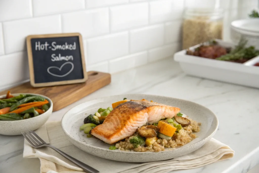 Hot-smoked salmon with roasted vegetables and quinoa in a modern white kitchen.