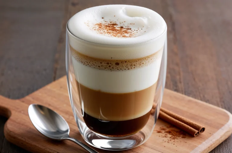 A cappuccino in a double-wall glass, topped with frothy milk and cinnamon, placed on a wooden board with a cinnamon stick.