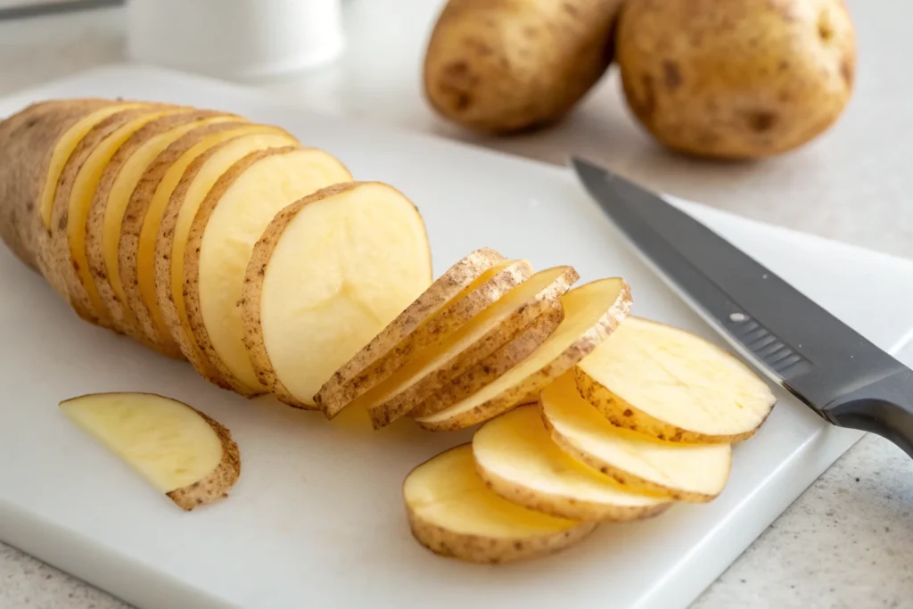 Close-up of thinly sliced potato rounds arranged on a white cutting board, with a knife and whole potatoes in the background