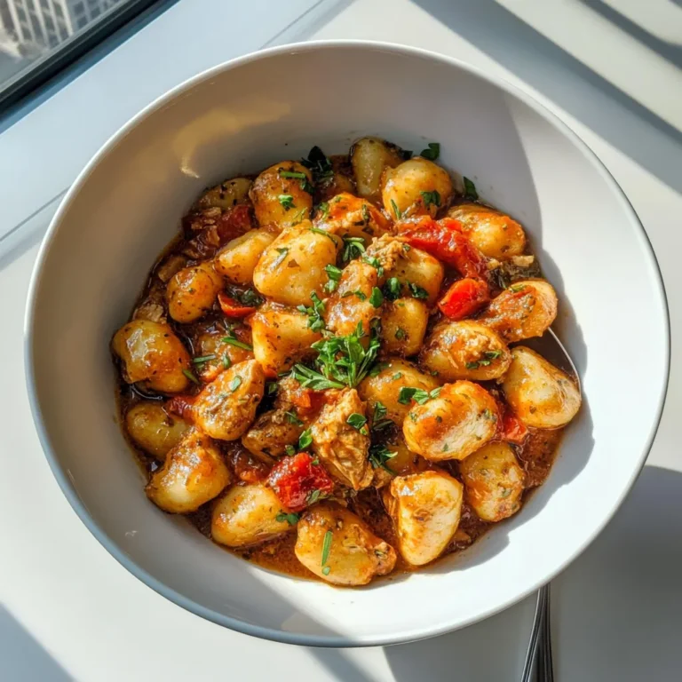 Served crockpot recipes gnocchi and chicken meal in a sunlit white kitchen with skyscraper apartment view.