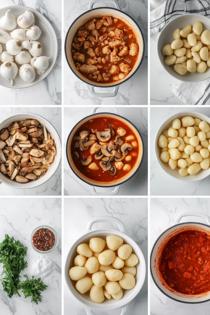 Recipe collage showing steps to make crockpot recipes gnocchi and chicken in daylight white apartment kitchen.