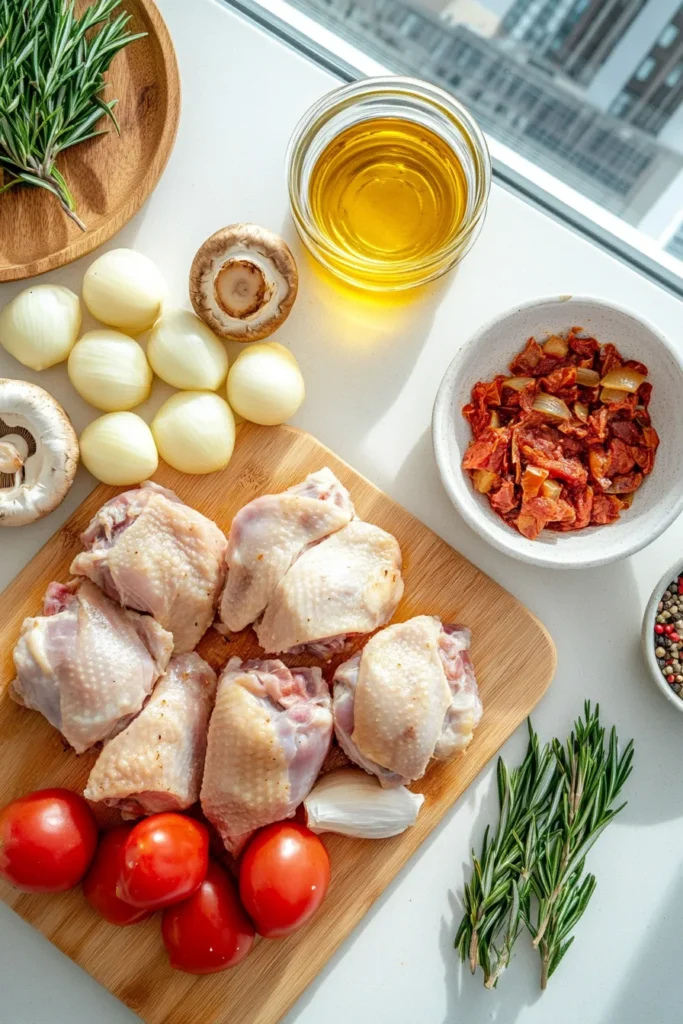 Top view of crockpot recipes gnocchi and chicken ingredients in a white daylight apartment kitchen.