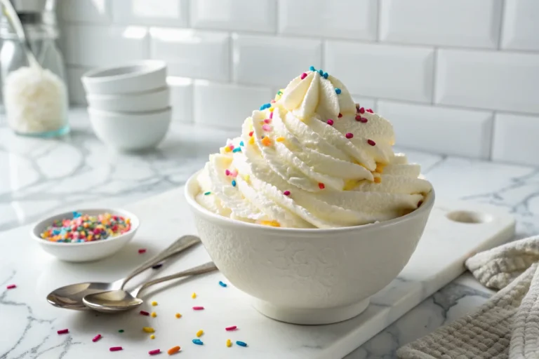 A bowl of fluffy snow cream topped with colorful sprinkles, placed on a white marble countertop in a bright white kitchen.