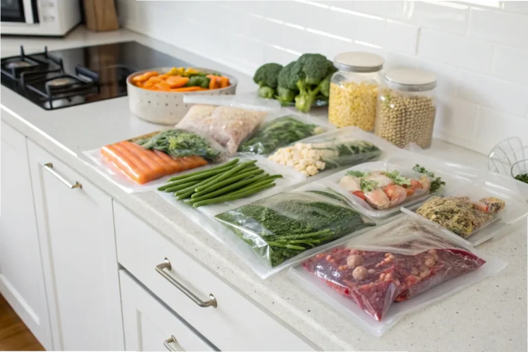 A white kitchen countertop Vacuum Seal Bags for Food, meats, and grains, showcasing freshness and organization for meal prep.