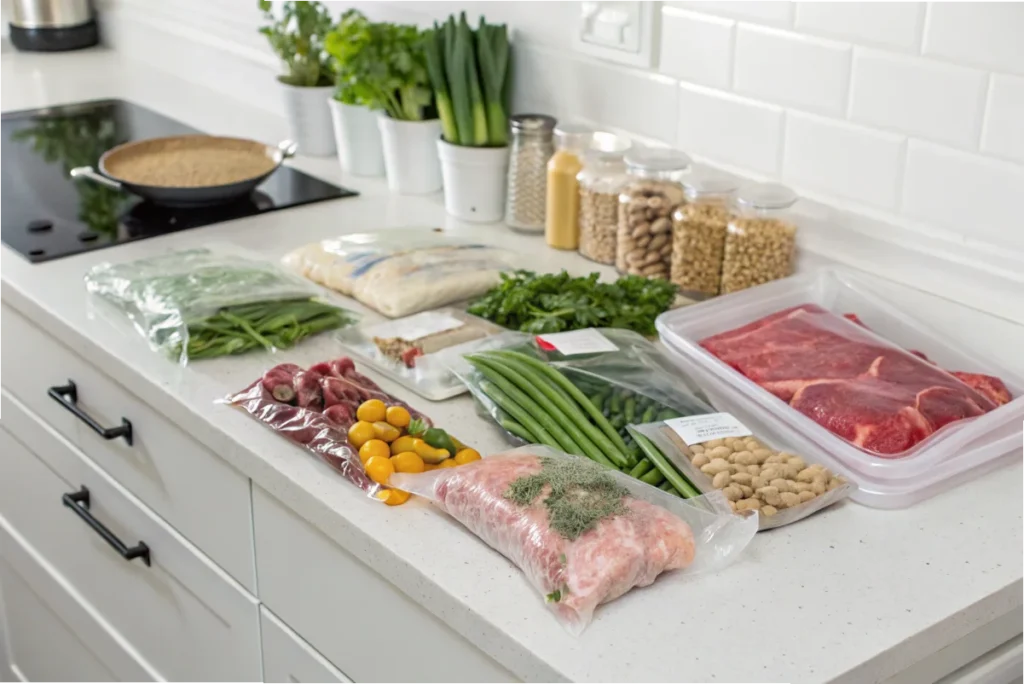 A white kitchen countertop displaying vacuum-sealed bags filled with fresh vegetables, meats, and grains, showcasing freshness and organization for meal prep.