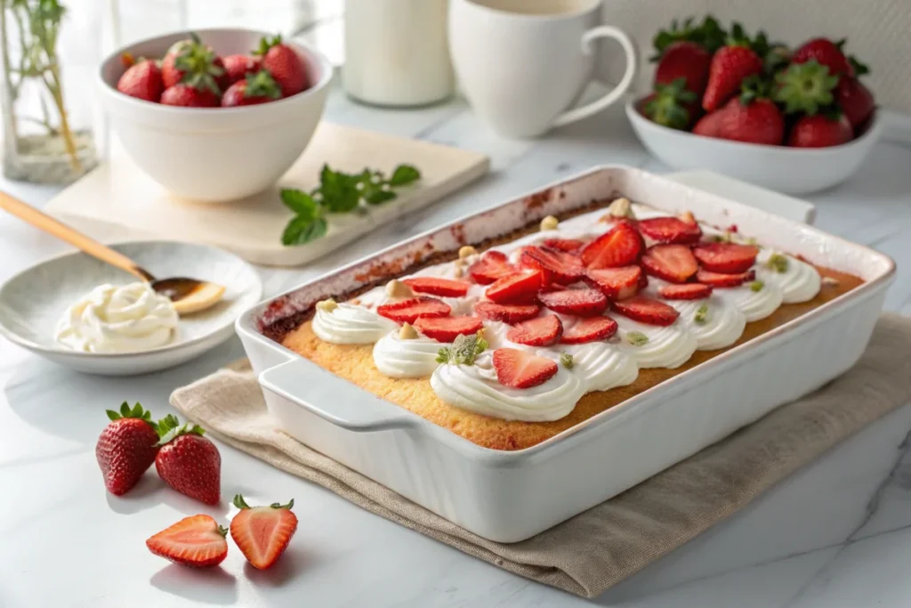 A freshly baked strawberry tres leches cake in a white baking dish, topped with whipped cream and sliced strawberries, set on a white marble countertop in a bright white kitchen.