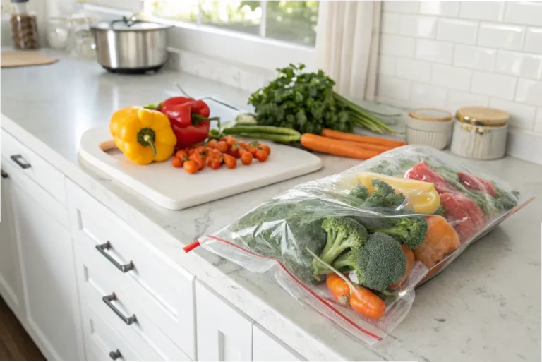 A vacuum-sealed bag filled with fresh vegetables, including bell peppers, carrots, and broccoli, placed on a white marble countertop in a bright white kitchen.