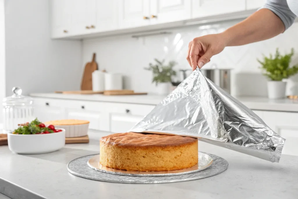 A close-up of a hand tenting aluminum foil over a cake to retain moisture without making it soggy, in a bright white kitchen.