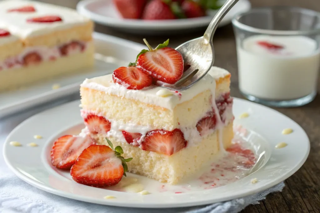 A close-up of a slice of strawberry tres leches cake on a white plate, showing layers of soaked sponge cake, whipped cream, and fresh strawberries, with a fork cutting into it.