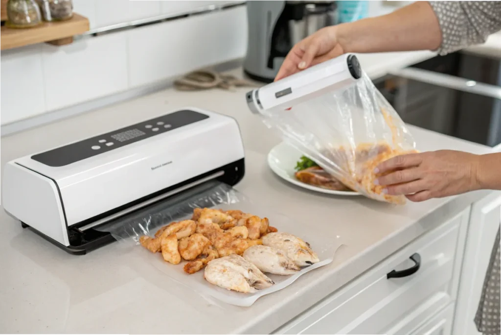 A close-up of a vacuum sealer in action, removing air from a bag filled with marinated chicken breasts, ensuring freshness in a white kitchen setting.