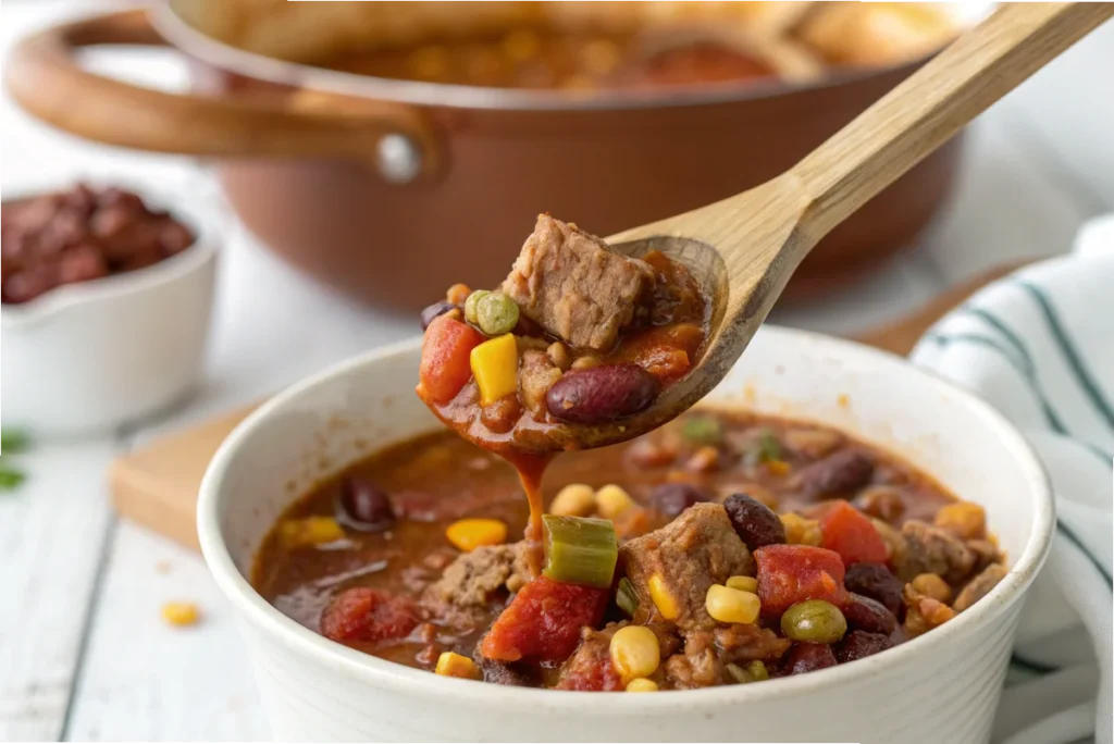 A close-up of a wooden spoon lifting a rich, hearty serving of cowboy soup, showcasing tender meat, beans, and vegetables in a savory broth against a white kitchen backdrop.