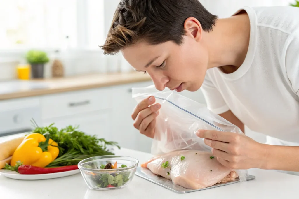 A person smelling a vacuum-sealed bag with fresh chicken breast and herbs