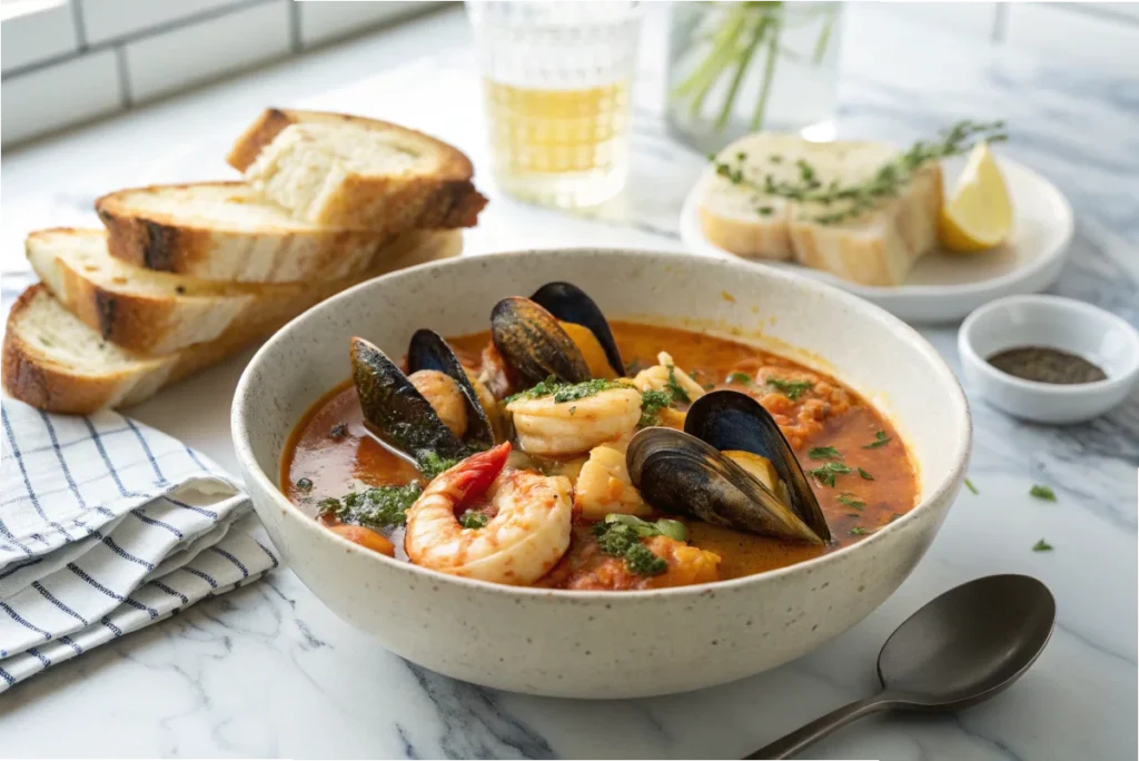 A bowl of French Bouillabaisse filled with mussels, shrimp, and fish in a saffron-infused broth, served with toasted bread in a modern white kitchen.