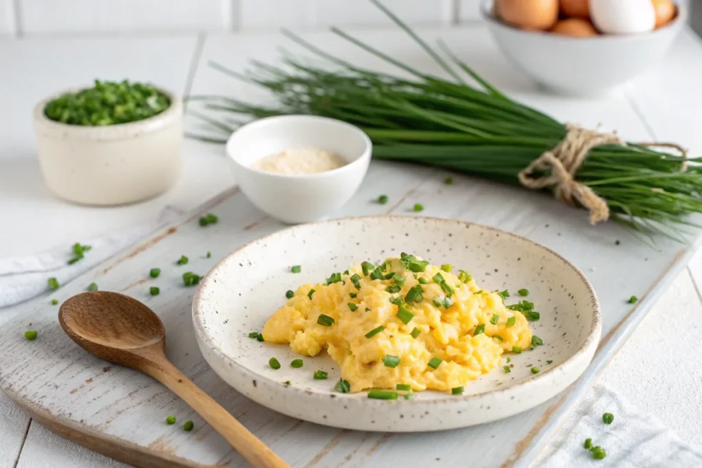 Scrambled eggs garnished with fresh chives and garlic powder, served on a rustic plate in a white kitchen. A bowl of chopped chives sits nearby.