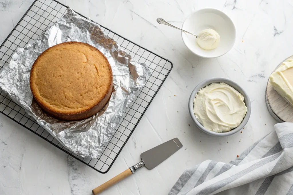 A cake cooling on a wire rack, partially covered with aluminum foil, with a bowl of frosting and a spatula nearby in a bright white kitchen.