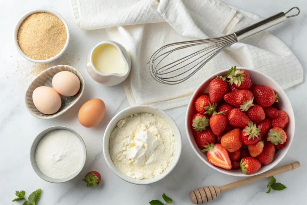 A bright white kitchen countertop with fresh strawberries, eggs, flour, condensed milk, heavy cream, and a whisk, all ready for making strawberry tres leches cake.