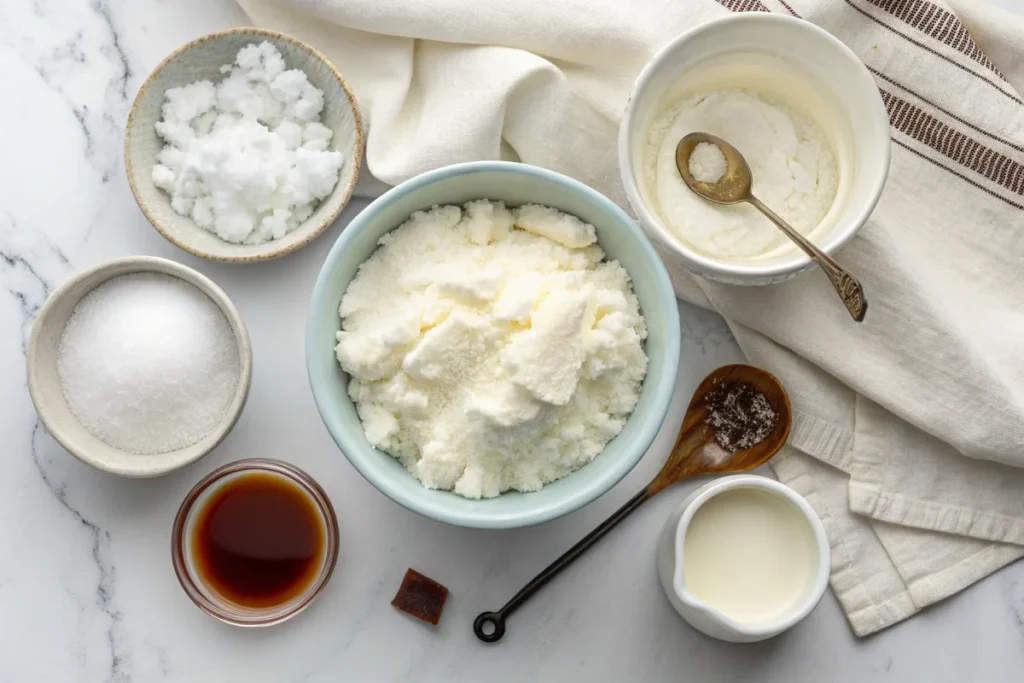 A bright white kitchen countertop displaying fresh snow, vanilla extract, condensed milk, and a mixing spoon, ready for making snow cream.