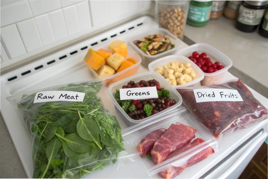 An overhead view of vacuum-sealed bags containing raw meat, leafy greens, and dried fruits, labeled with storage dates, placed on a white kitchen island.