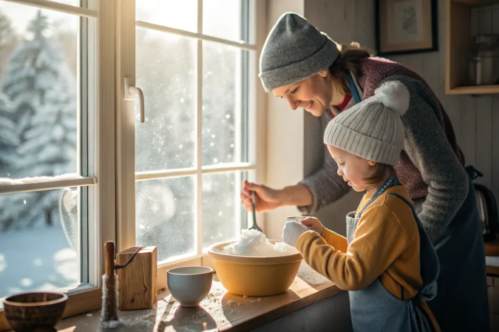 A child and parent scooping fresh snow into a mixing bowl near a kitchen window, preparing homemade snow cream in a bright white kitchen.