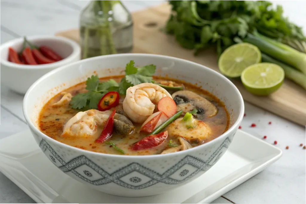 A steaming bowl of Thai Tom Yum soup with shrimp, mushrooms, and chili peppers in a spicy broth, served on a sleek white kitchen counter with fresh lime in the background.