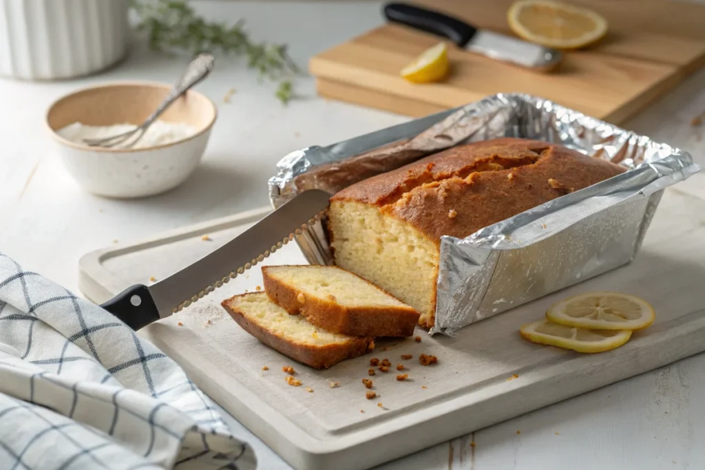 A loaf cake being wrapped in aluminum foil for storage, with a knife cutting a slice to reveal its moist interior, placed on a white kitchen island.