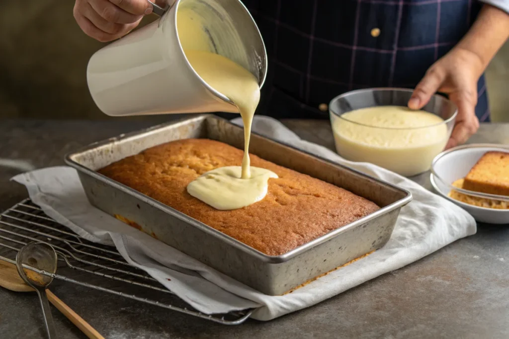 A person pouring the tres leches milk mixture over a sponge cake in a baking dish, ensuring a soft and moist strawberry tres leches cake.
