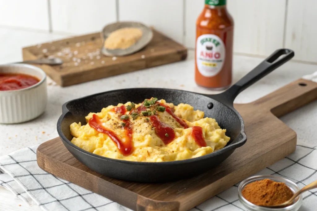 Scrambled eggs in a skillet with cayenne pepper and hot sauce in a modern white kitchen. Steam rises as the seasoning is added.