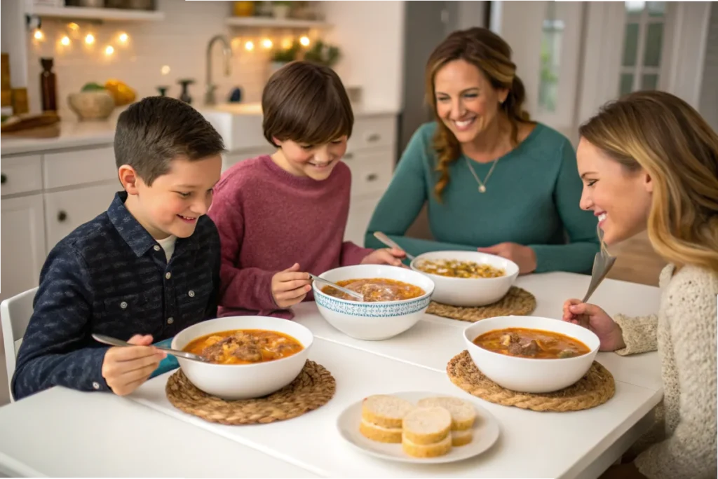 A happy family sitting around a white kitchen table, enjoying steaming bowls of cowboy soup, sharing smiles and warmth during a cozy meal.