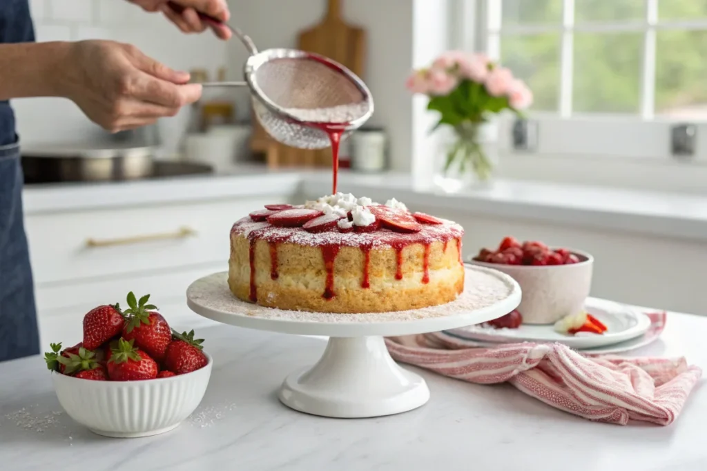 A freshly decorated strawberry tres leches cake with powdered sugar and a drizzle of strawberry sauce, placed on a white cake stand in a bright white kitchen.