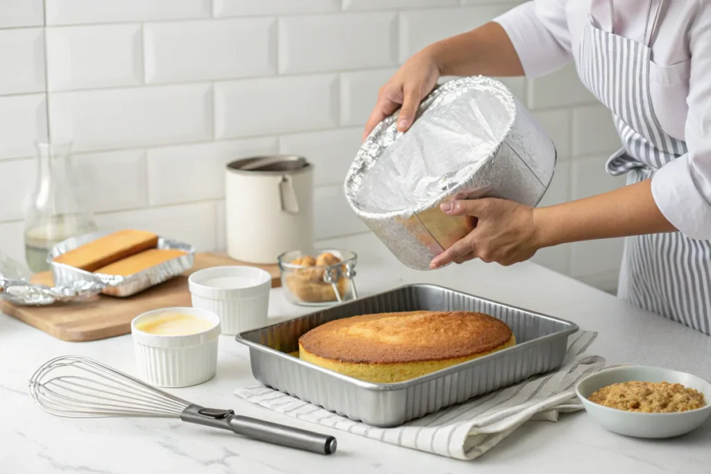 A person lifting aluminum foil from a cake pan, revealing a soft, evenly baked cake in a bright white kitchen with baking essentials.