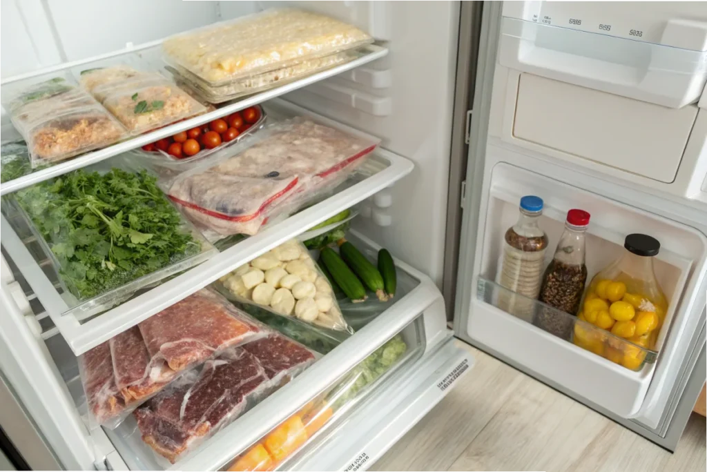 A refrigerator shelf neatly arranged with vacuum-sealed bags of meats, vegetables, and grains, demonstrating proper food storage in a bright white kitchen.