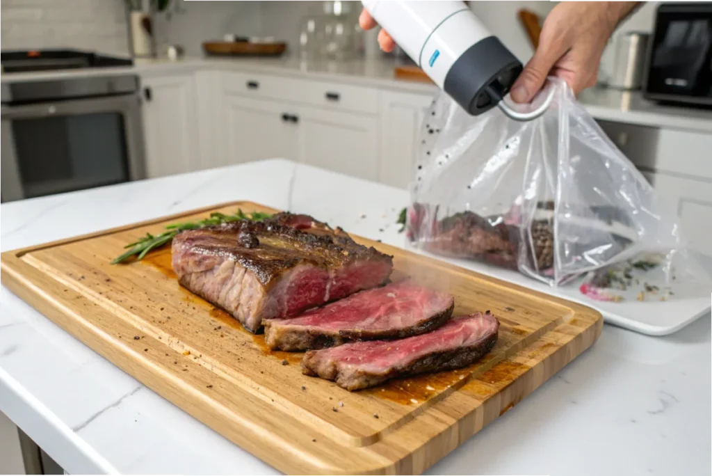 A perfectly cooked sous vide steak being removed from a vacuum-sealed bag, resting on a wooden cutting board in a bright white kitchen.